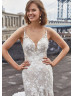 Beaded Ivory Floral Lace Tulle Open Back Wedding Dress